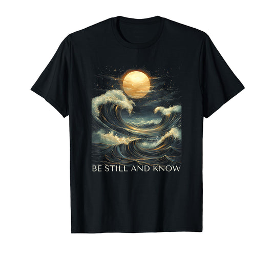 Be Still and Know Bible Faith Christian Blue Wave Full Moon T-Shirt