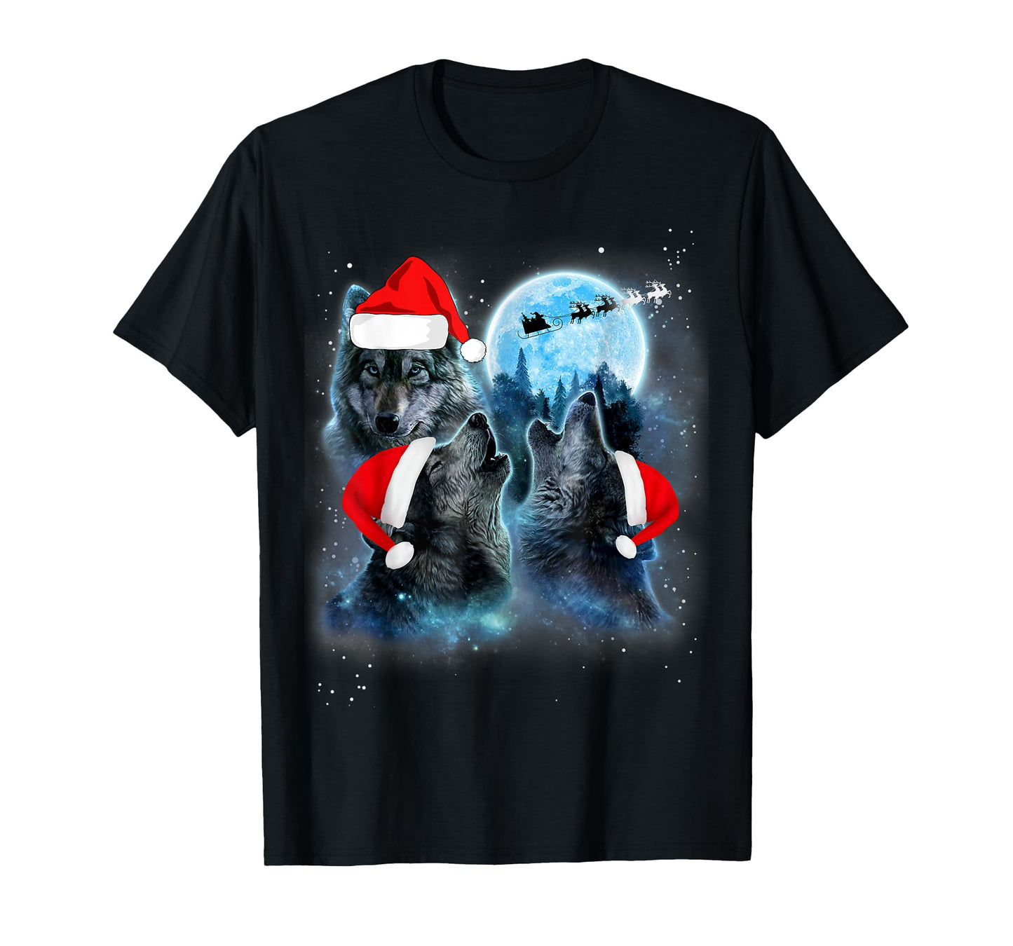 Three Wolves Howling Under Moon Christmas Santa Wolf Lover T-Shirt
