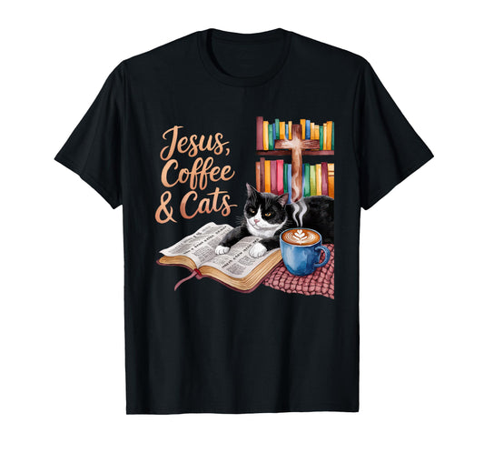 Jesus Coffee Cats Funny Cute Design Jesus Lovers Christian T-Shirt