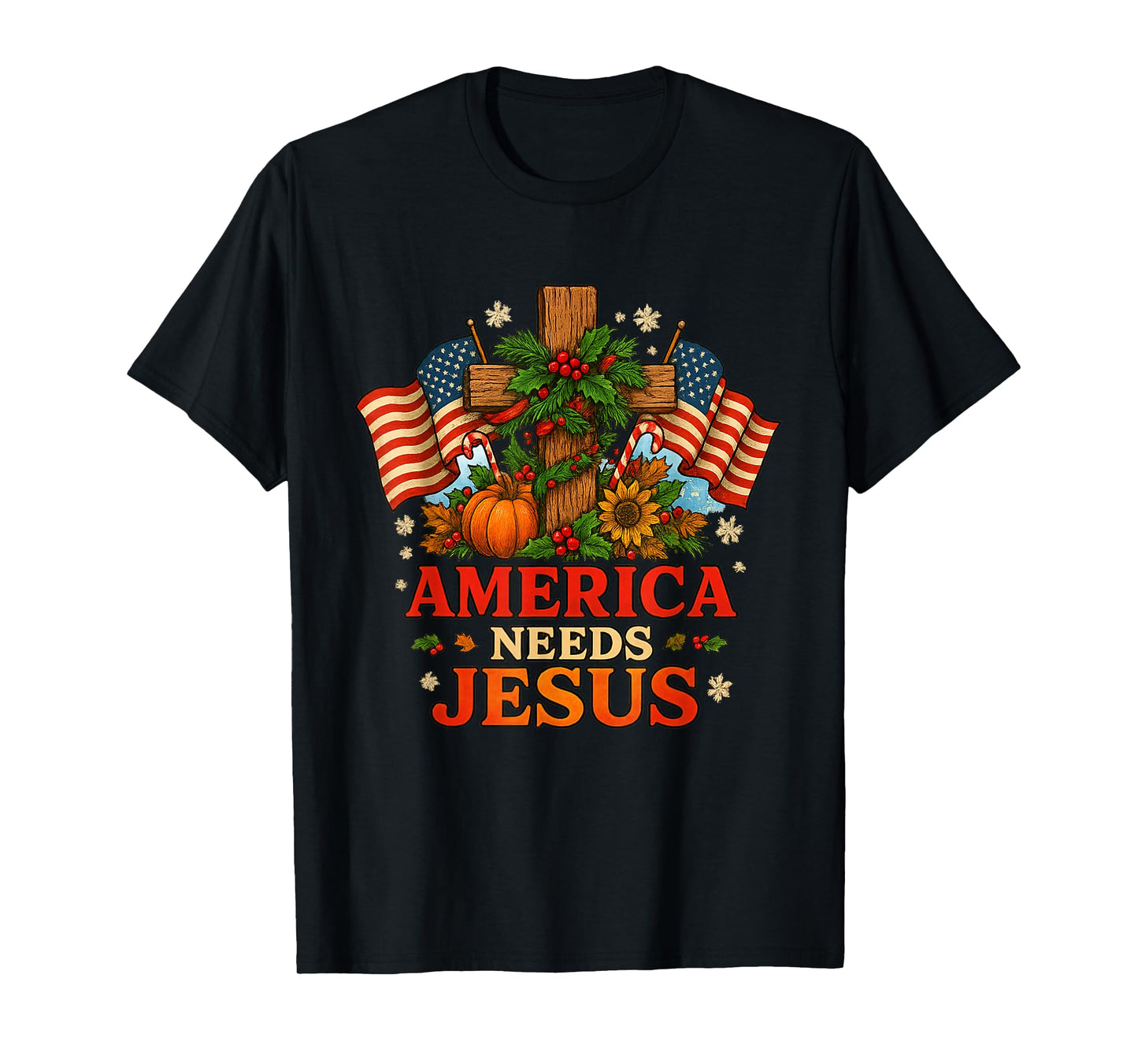 America Needs Jesus Christian Christmas Patriotic US Flags T-Shirt