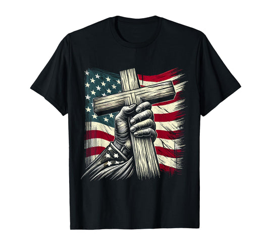 Christian Cross and USA Flag 4th of July Jesus T-Shirt