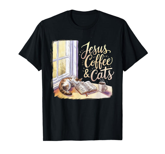 Jesus Coffee Cats Funny Cute Design Jesus Lovers Christian T-Shirt