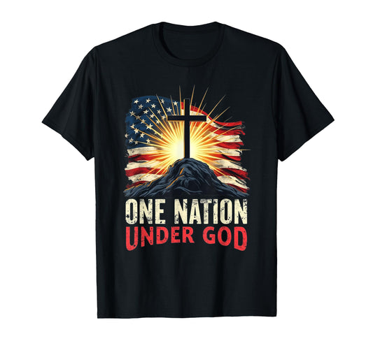 American Flag Cross Sunrise Patriotic Christian Faith Retro T-Shirt