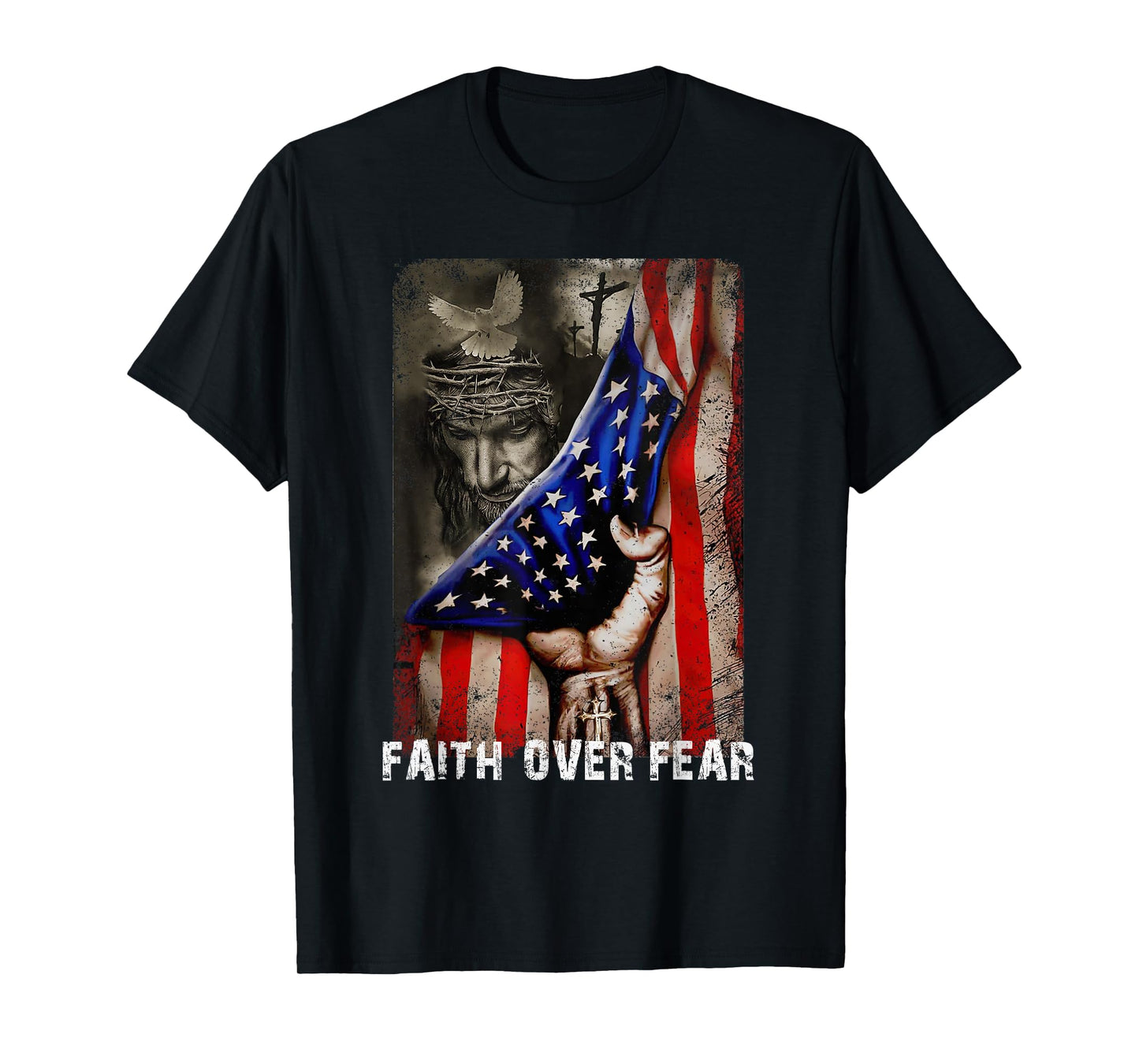 Vintage Faith Over Fear God Jesus Christian Flag 4th Of July T-Shirt for Women Kids Men