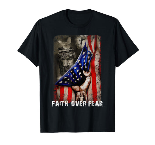 Vintage Faith Over Fear God Jesus Christian Flag 4th Of July T-Shirt for Women Kids Men