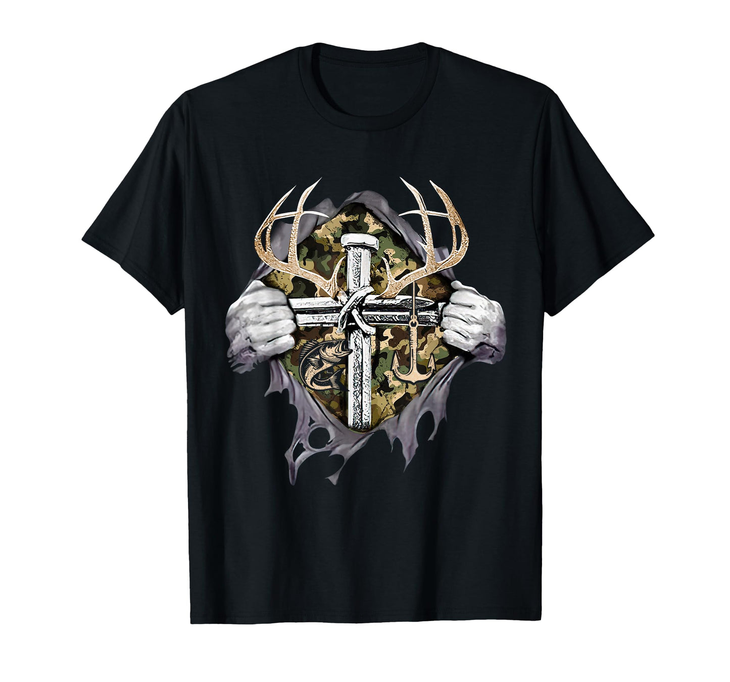 Hunting Fishing Cross Camo Faith Christian Fisherman Hunter T-Shirt