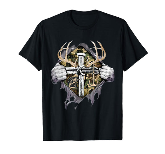 Hunting Fishing Cross Camo Faith Christian Fisherman Hunter T-Shirt