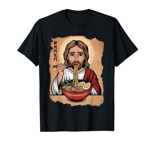 Cute Jesus Eating Ramen Noodles Ocean Waves Japanese Art T-Shirt