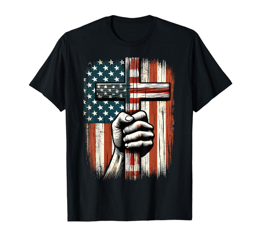 American USA Flag Christian Cross Jesus 4th Of July T-Shirt
