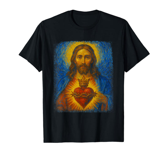 Sacred Heart of Jesus Catholic Christian Starry Night Art T-Shirt