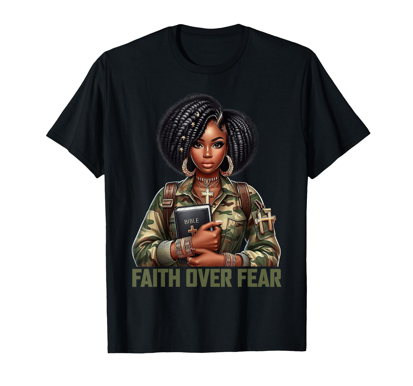 Faith Over Fear Christian Camo African American Afro Women T-Shirt
