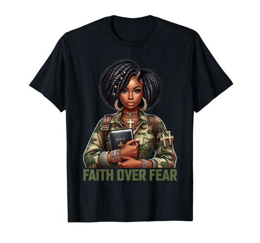 Faith Over Fear Christian Camo African American Afro Women T-Shirt