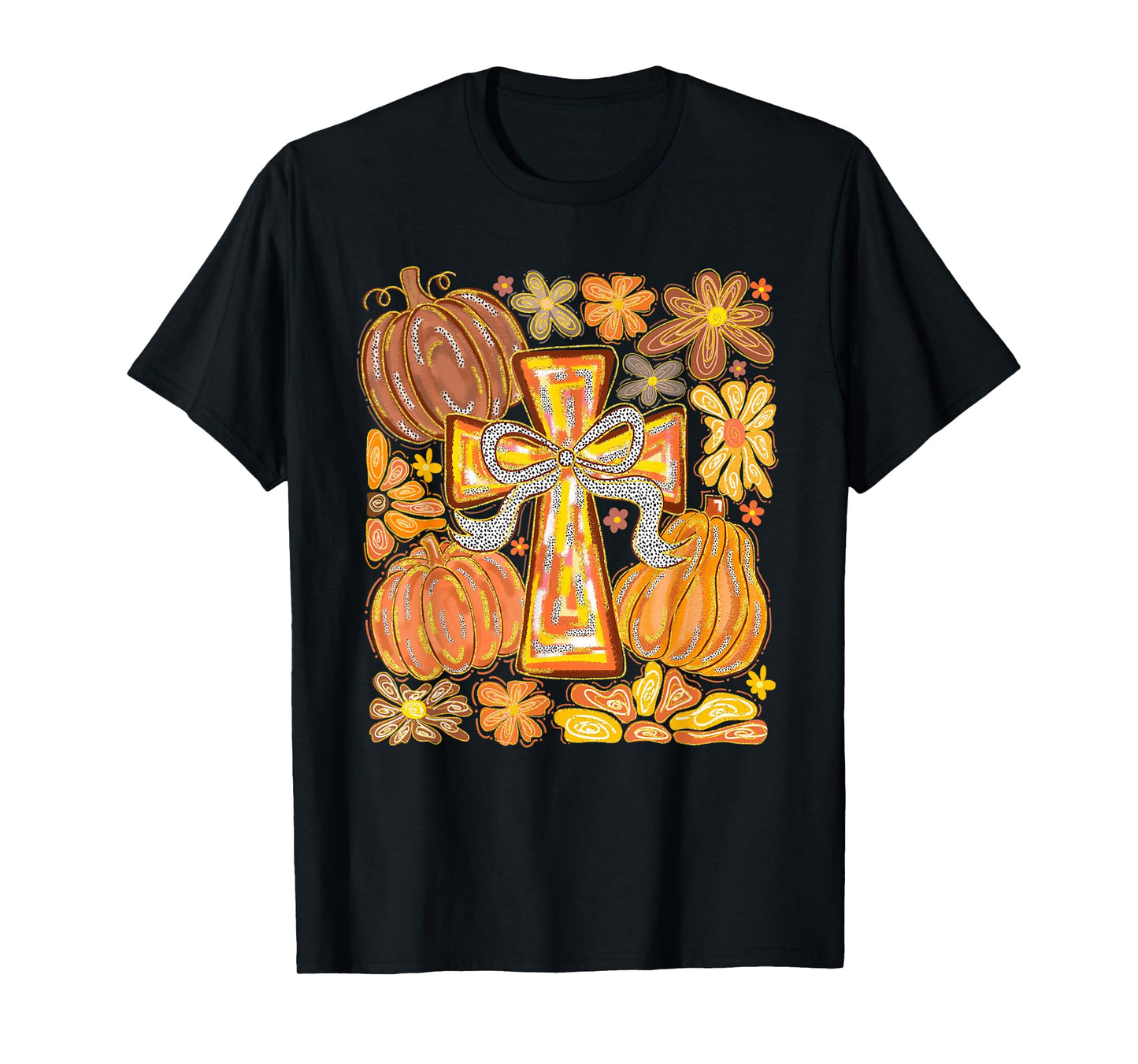 Fall Cross Pumpkins & Flowers Christian Autumn Faith Women T-Shirt