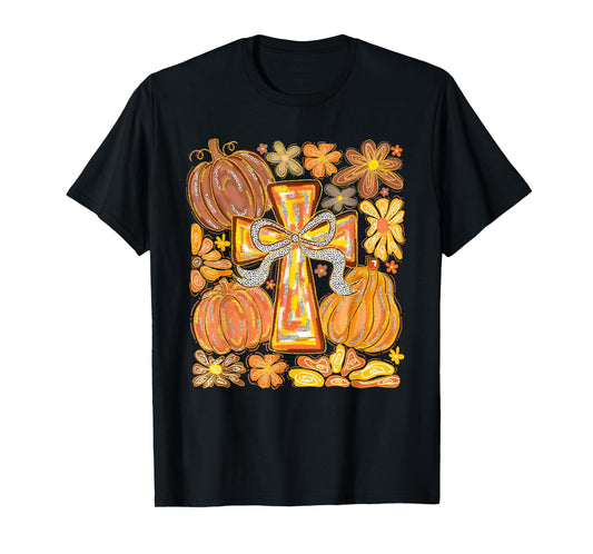 Fall Cross Pumpkins & Flowers Christian Autumn Faith Women T-Shirt