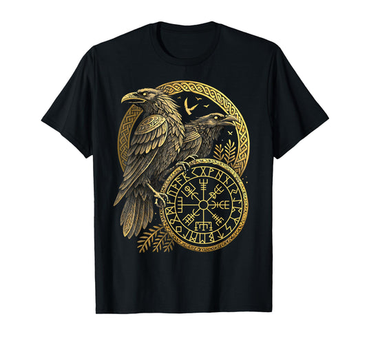 Norse Rune Huginn and Muninn Celtic Viking Compass Vegvisir T-Shirt