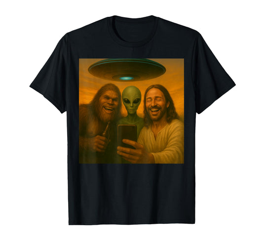 Selfie Bigfoot Jesus Alien - Cryptid Funny Sasquash and UFO T-Shirt
