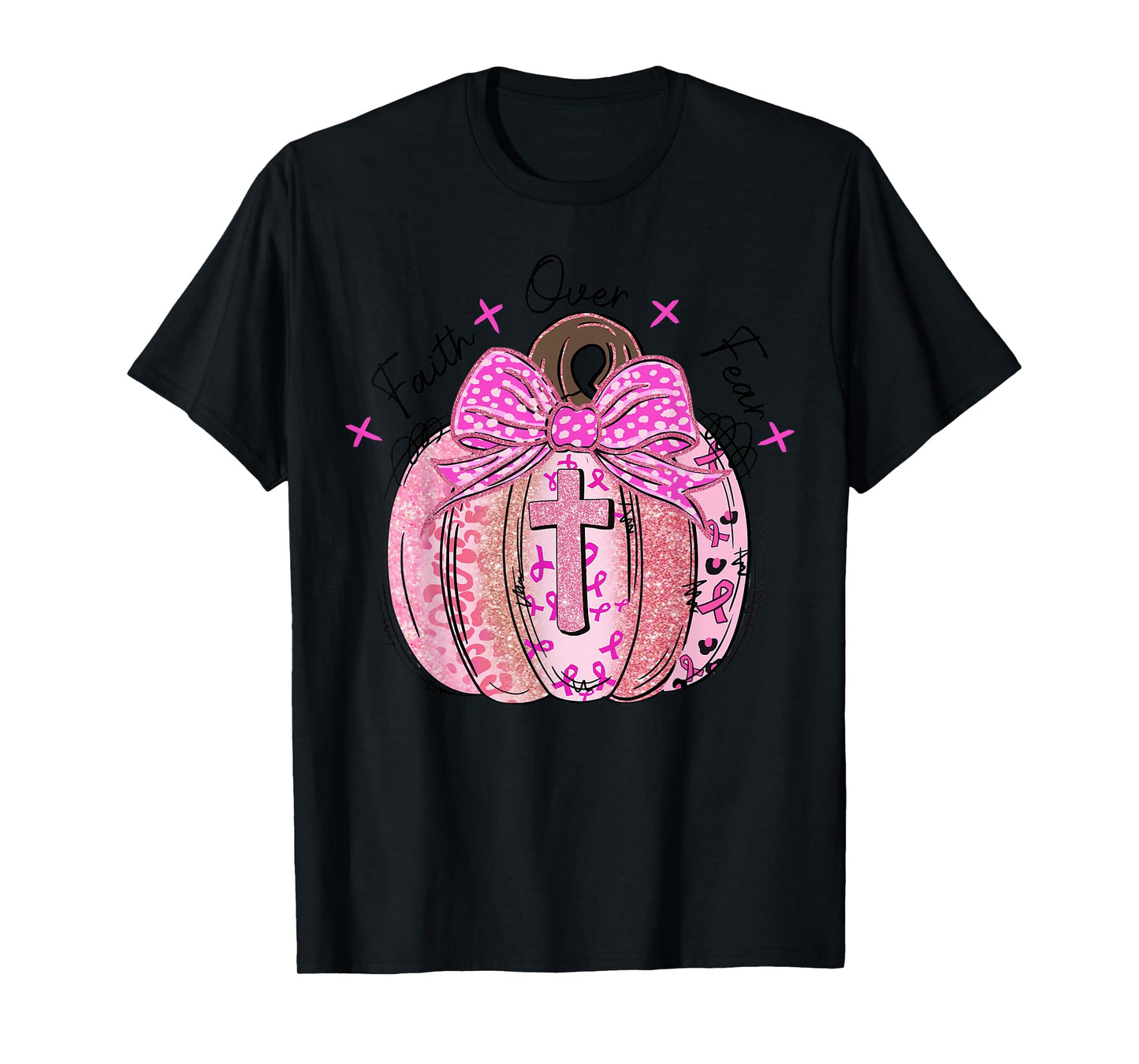 Faith Over Fear Pumpkin BowwCross Breast Cancer Awareness T-Shirt