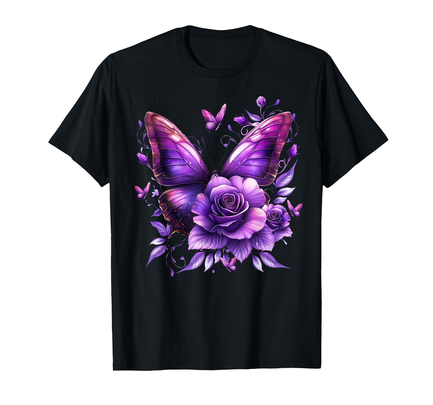 Floral Beautiful Purple Butterfly Lover Rose Flower Women T-Shirt