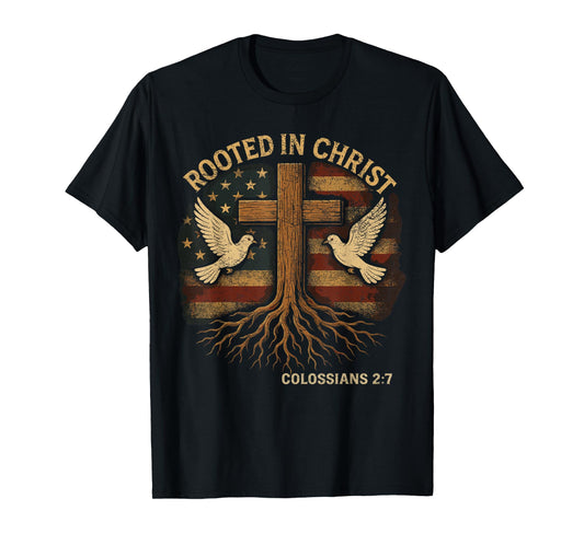 Rooted in Christ Retro Stylish Christian Cross Bible Verse T-Shirt