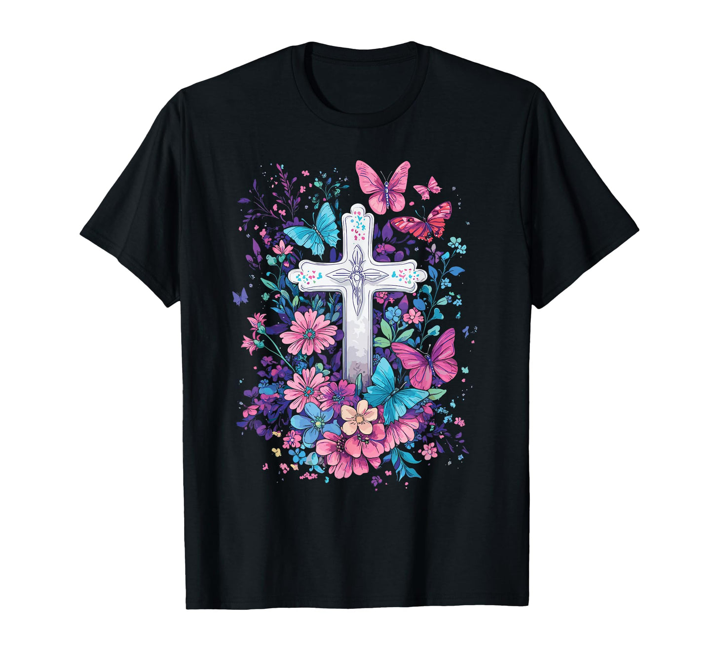 Christian Cross With Floral Butterflies for Easter T-Shirt