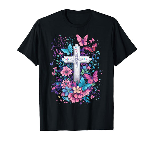 Christian Cross With Floral Butterflies for Easter T-Shirt