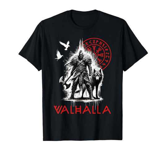 Valhalla Odin Wolf and Raven Viking Runes Norse Compass T-Shirt
