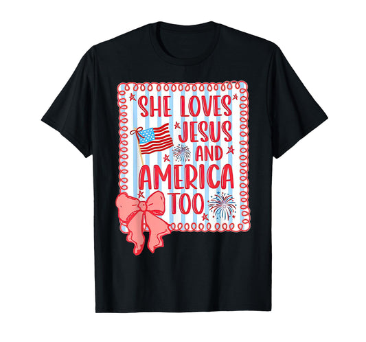 She loves Jesus and America too faith flag fireworks bow T-Shirt