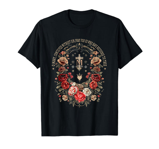 Marian Catholic Virgin Mary Marian Floral Cross Religious T-Shirt