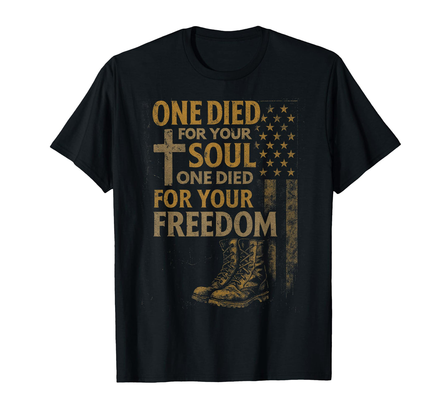 Christian Cross Military Veteran American Flag Faith Freedom T-Shirt
