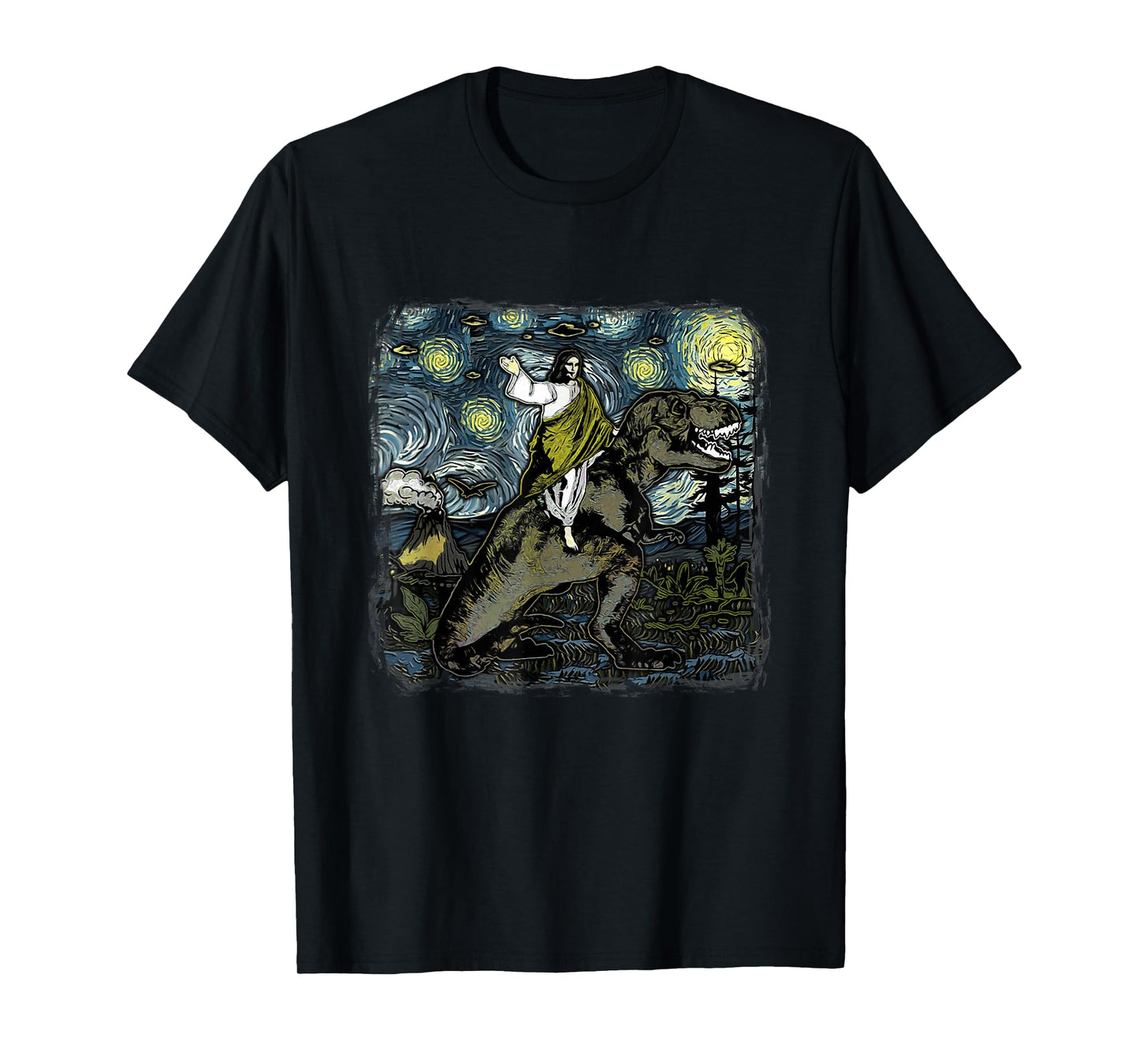 Jesus Riding Dinosaur Starry Night Funny Men Women UFOs T-Shirt