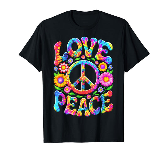 Colorful Flowers Love Peace Sign 60s 70s Tie Dye Floral T-Shirt