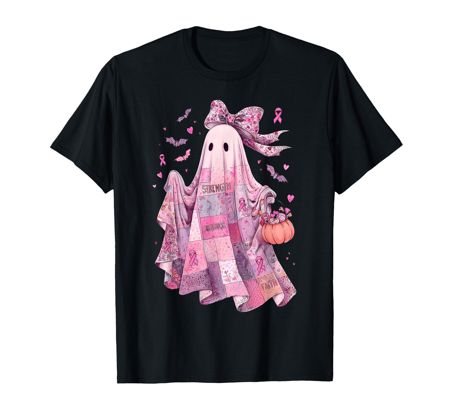 Breast Cancer Awareness Ghost, Pink Ribbon Patchwork Ghost T-Shirt