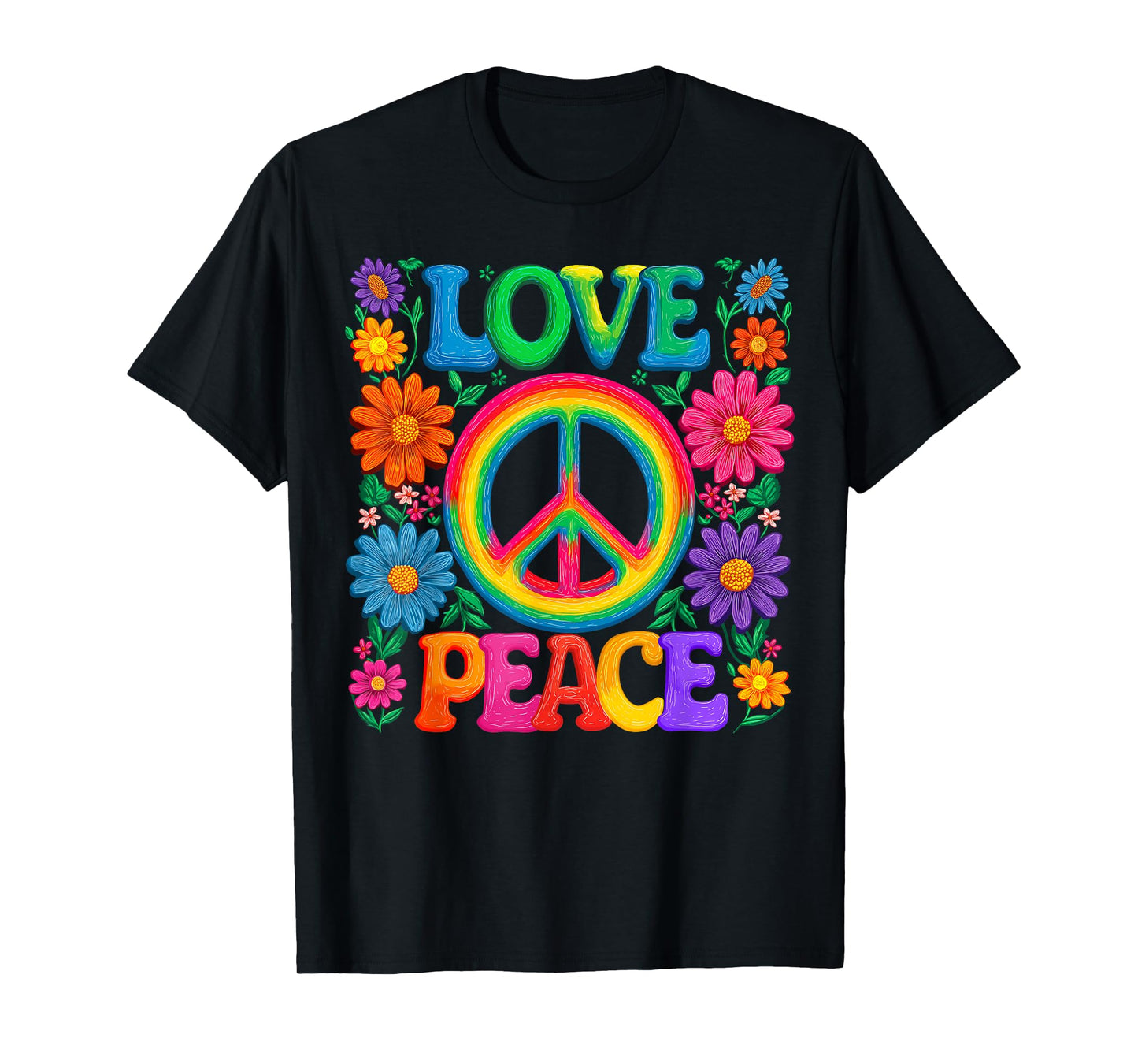 Floral Peace Love Sign Flowers 60s 70s Hippie Costume Party T-Shirt
