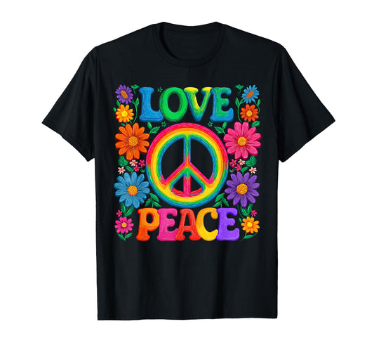 Floral Peace Love Sign Flowers 60s 70s Hippie Costume Party T-Shirt