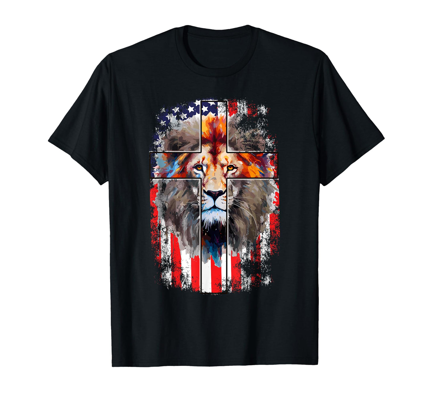 Christian God Faith US Flag Cross Jesus Lion Of Judah T-Shirt