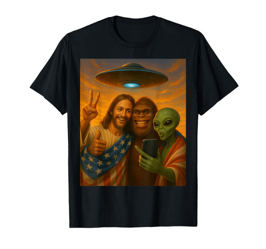 Jesus Selfie with Alien Bigfoot Funny Patriotic US Christian T-Shirt