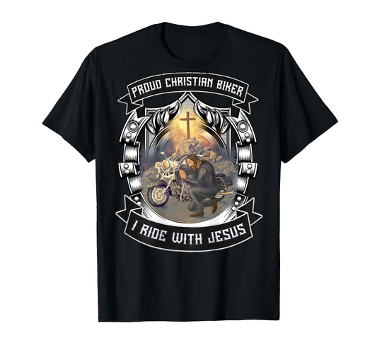 Christian Biker I Ride With Jesus Artwork Motorcycle Prayer T-Shirt