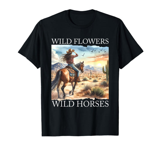 Sunset Cowgirl Riding Horse Wild Flowers - Wild Horses T-Shirt