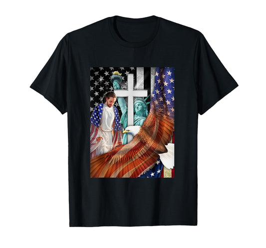 Bald Eagle with Jesus Christ and American Flag Women Kids Men T-Shirt