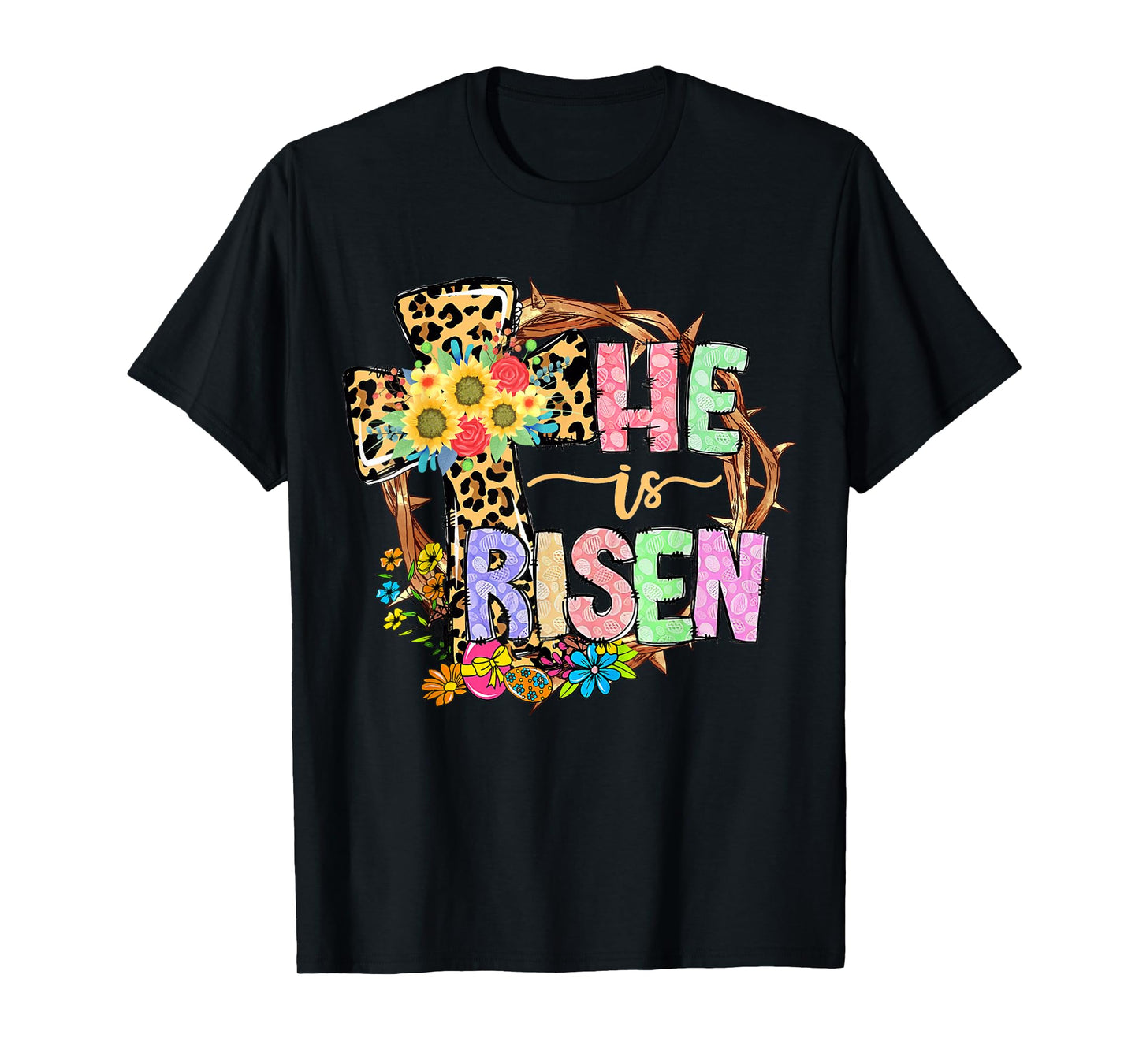 He Is Risen Floral Jesus Easter Day Christians Leopard Cross T-Shirt