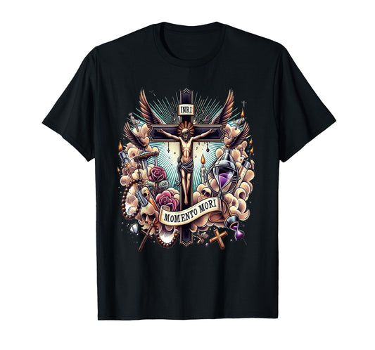 Memento Mori Catholic Crucifix Traditional Latin Mass Skull T-Shirt