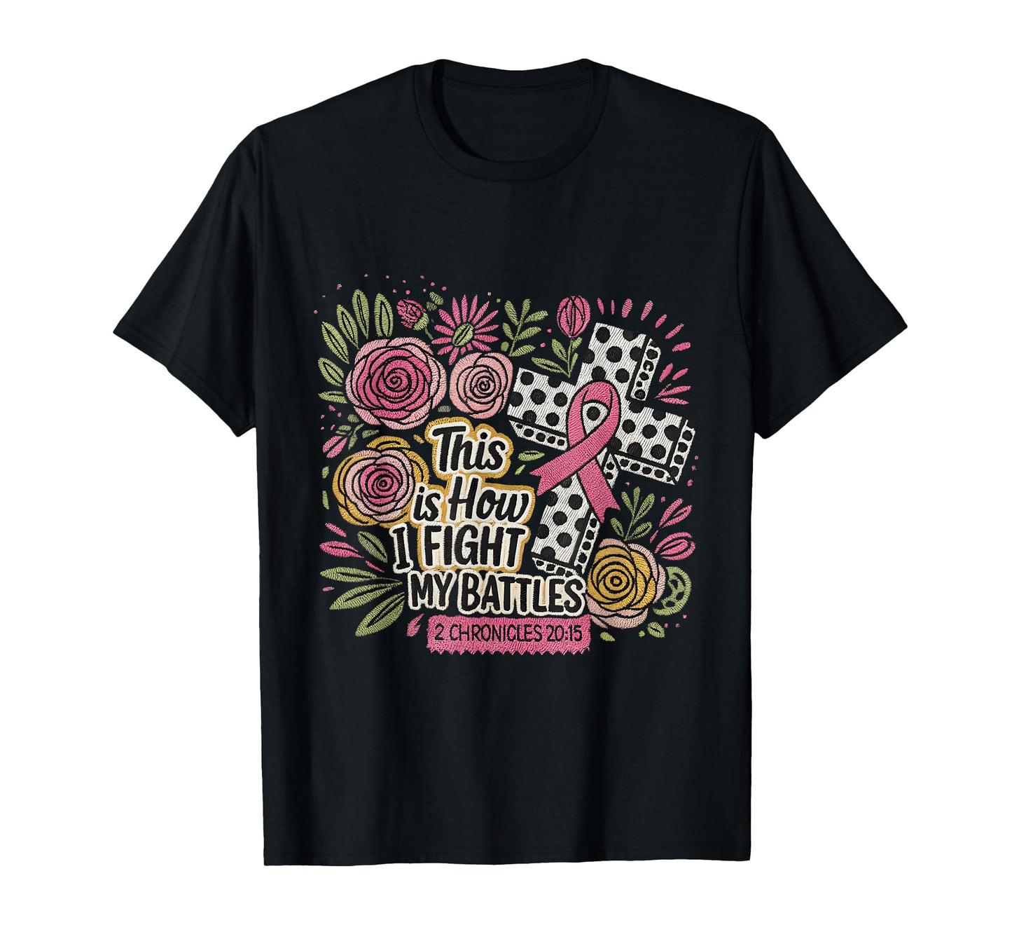 Faux Embroidery Cross Ribbon Floral Scripture Faith Art T-Shirt