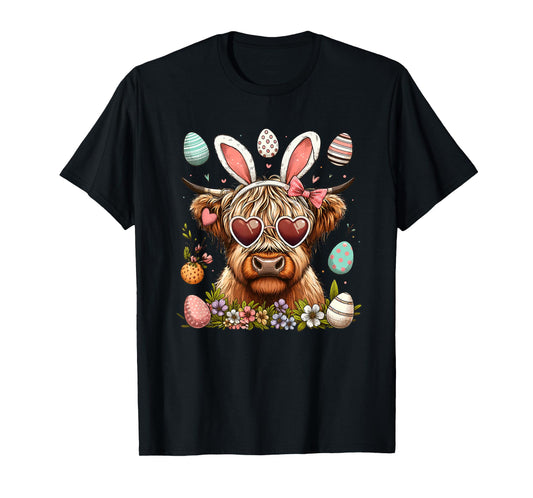 Happy Easter Day Highland Cow Easter Bunny Rabbit Women Kids T-Shirt