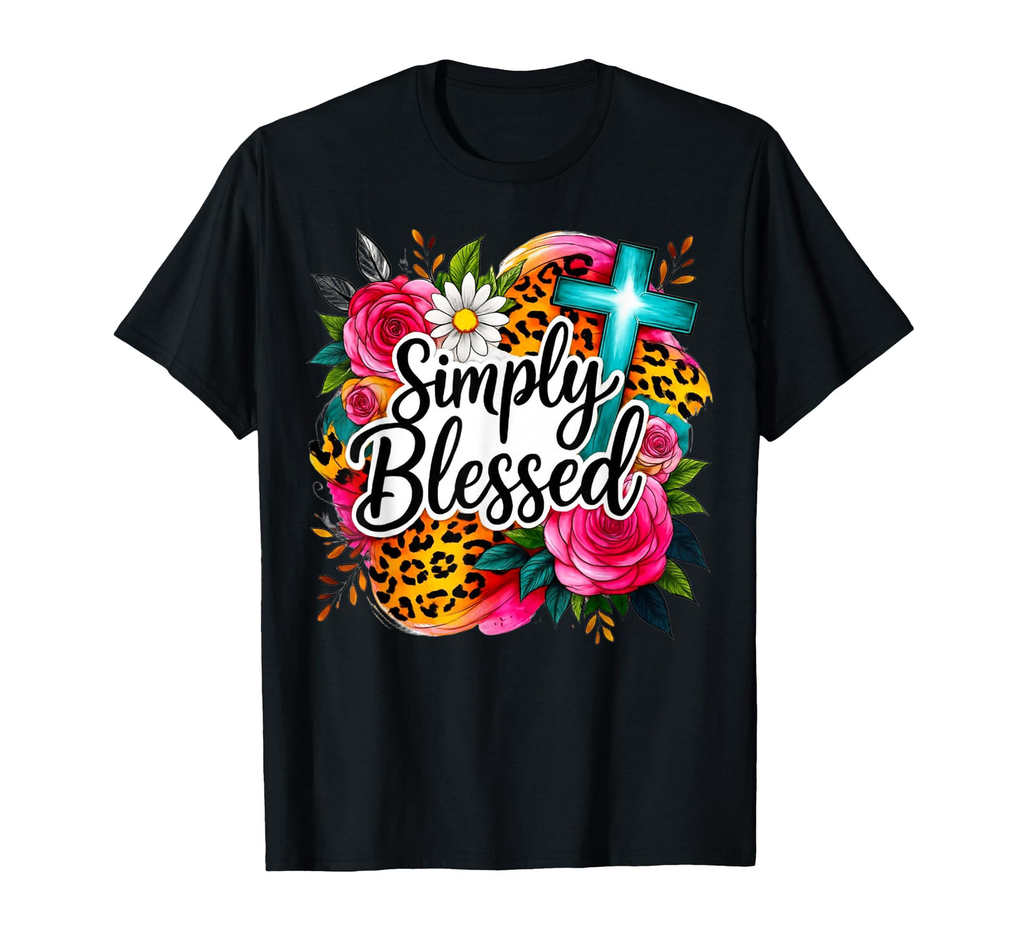 Simply Blessed Floral Cross Faith Design T-Shirt