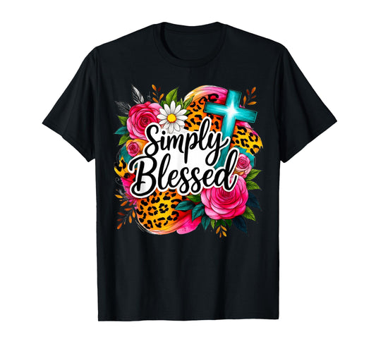 Simply Blessed Floral Cross Faith Design T-Shirt