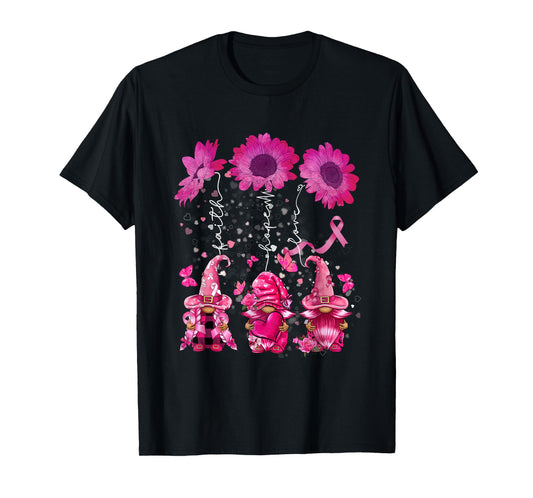 Faith Hope Love Gnome Ribbon Breast Cancer Awareness Flower T-Shirt