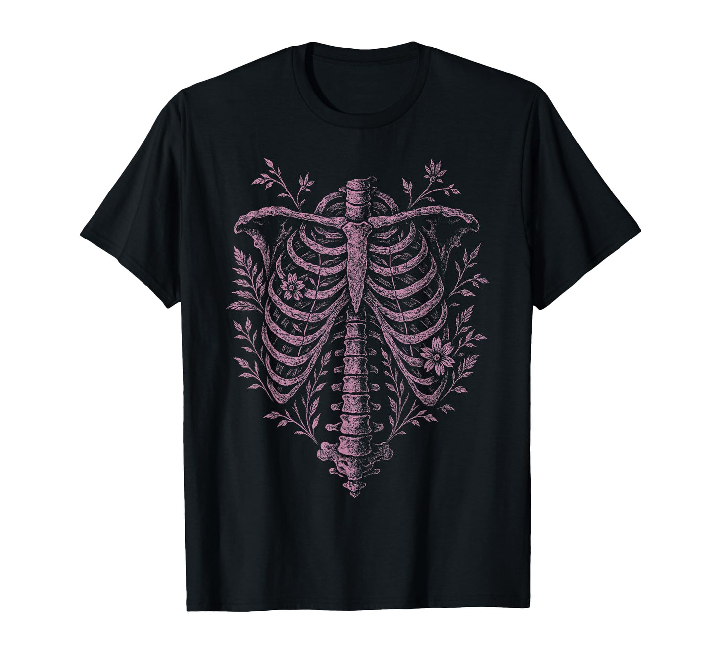 Pink Skeleton Ribcage Flowers Goth Occult Death Dark Alt T-Shirt