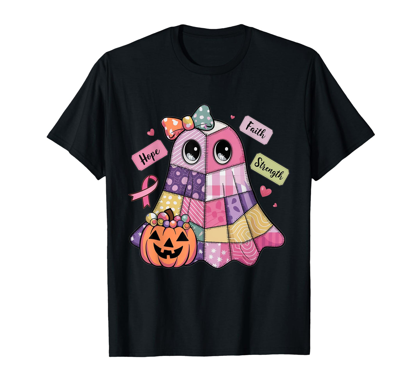 Faith Hope Strength Ghost Breast Cancer Awareness Halloween T-Shirt