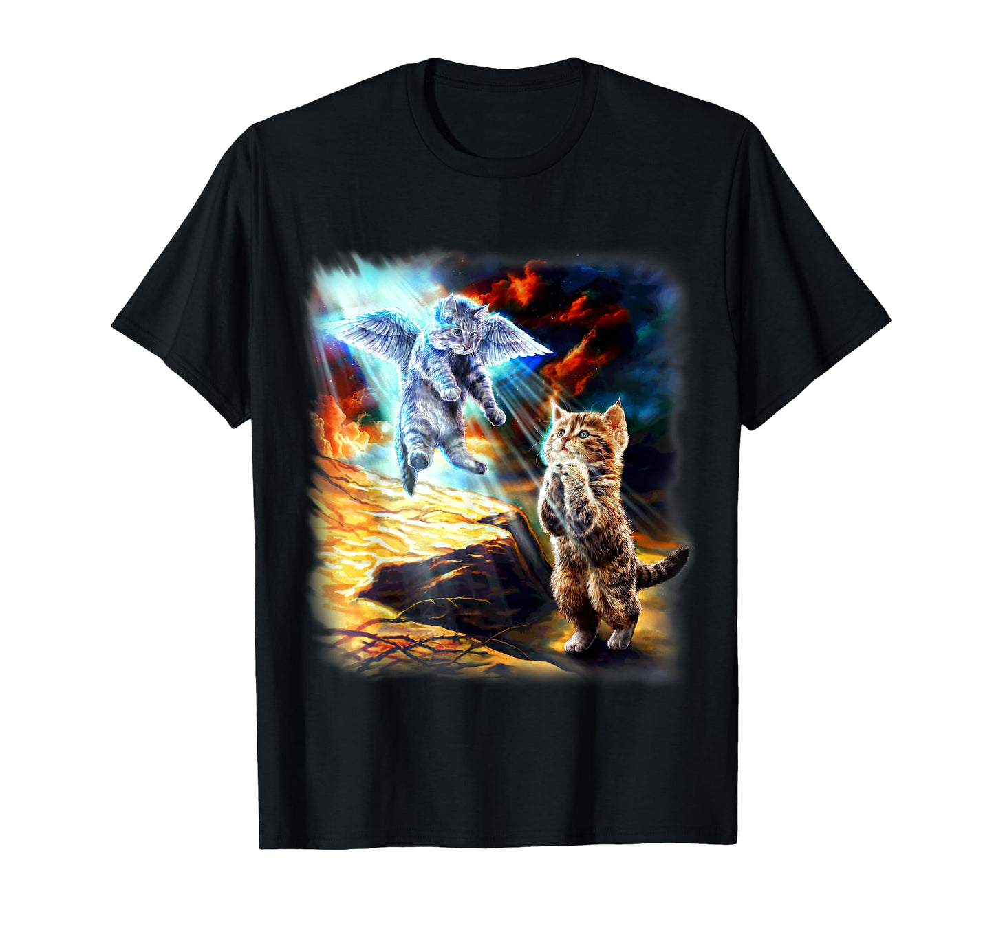 Angel Cat and Praying Companion in Fiery Sky Men Women Kids T-Shirt