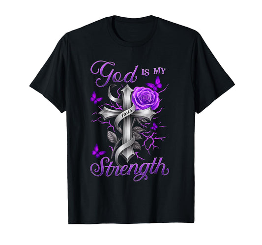 God is My Strength Purple Rose Cross Faith Apparel T-Shirt